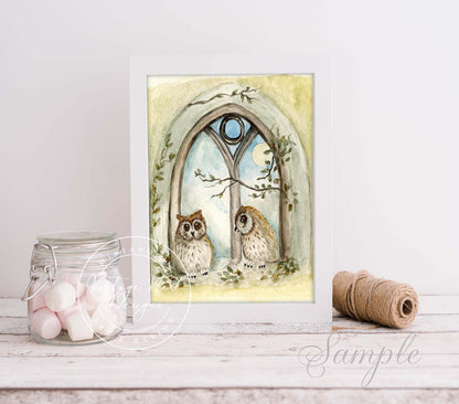 Two Owls in Window No.1 Digital Prints Watercolor Painting