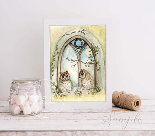 Two Owls in Window No.1 Digital Prints Watercolor Painting