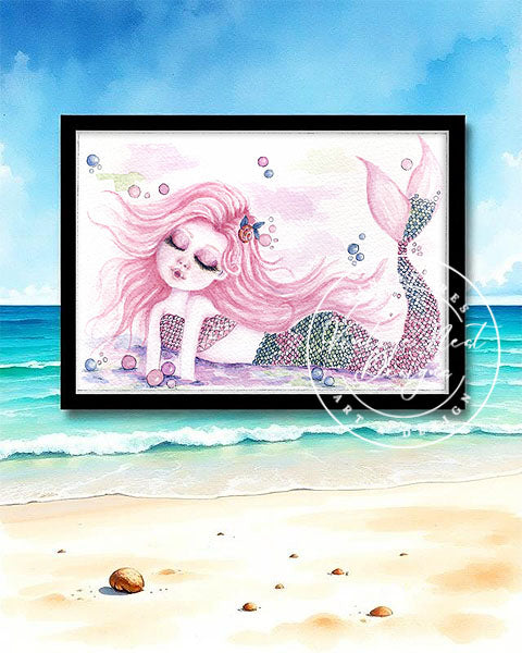 Digital Print Under the Sea Pink Mermaid No.1 Watercolor Instant Download