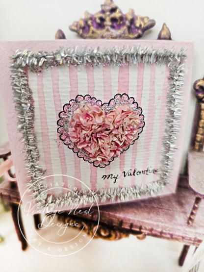 Doll Miniature Decor Valentine Heart No.5 Pink Wooden Framed Art