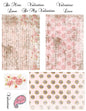 A collage of Valentine's Day themed patterned papers and digital designs, featuring floral prints, cursive script texts like 'Be Mine Valentine' and 'Be My Valentine', a small watercolor rose, and a pink paisley heart with 'LOVE' written inside.