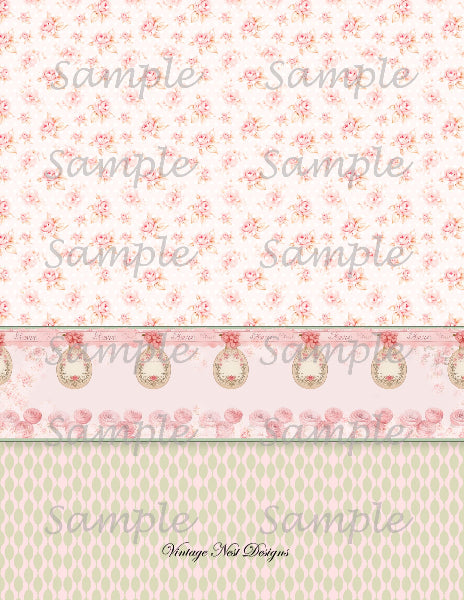 Floral patterned paper with decorative elements and 'Vintage Not Designs' branding.