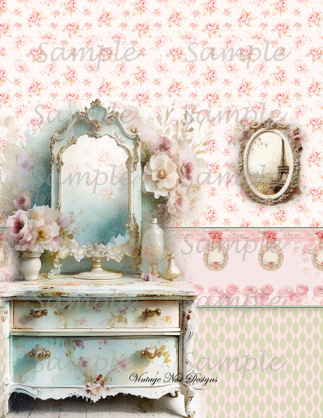Vintage-style vanity with floral decorations and matching wallpaper.