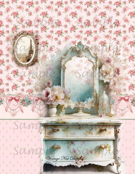 Vintage-style vanity with mirror and flowers against a floral wallpaper background