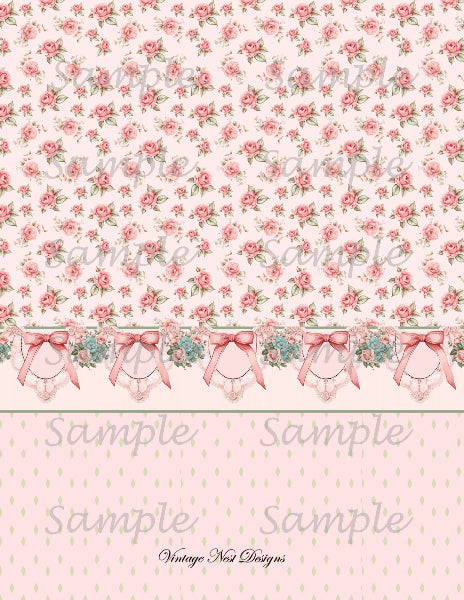 Floral patterned paper with pink bows and text on a white background