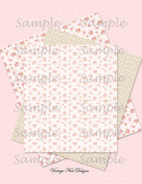 Floral patterned paper sheets on a pink background with 'Vintage Nest Designs' branding.