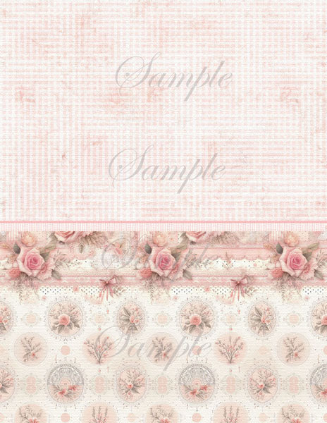 Decorative paper with floral patterns and text on a light pink background