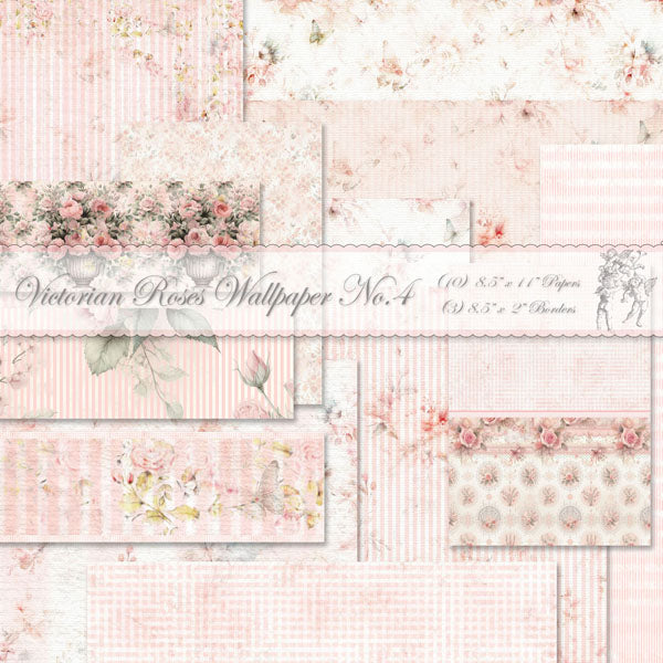 Collection of Victorian Roses Wallpaper No.4 with various floral patterns on a light pink background.