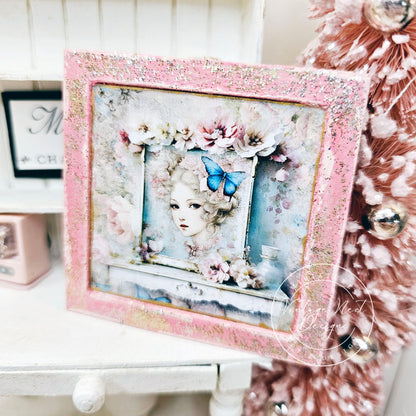 Miniature Victorian Woman No.3-1 Pink Wood Frame Dollhouse Wall Decor 1:12 Scale