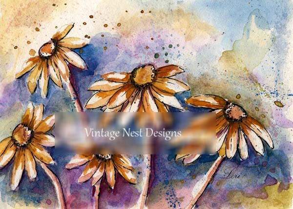 Digital Print Cone Flowers No.1 ACEO Watercolor Painting Instant Download