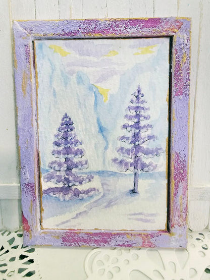Miniature Winter Lavender Trees No.1:1 Handmade for Dollhouse Wooden Framed Original Art