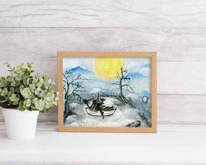 Digital Print The Witch in the Boat No.1 ACEO Watercolor Instant Download