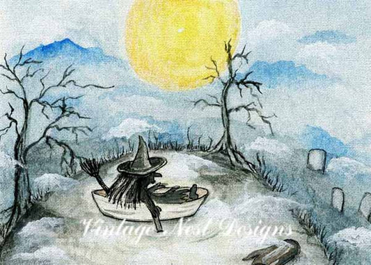 Digital Print The Witch in the Boat No.1 ACEO Watercolor Instant Download