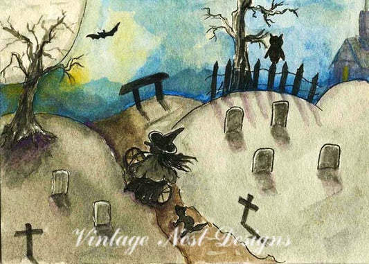 Digital Print Witch in the Cemetery No.1 ACEO Watercolor Painting