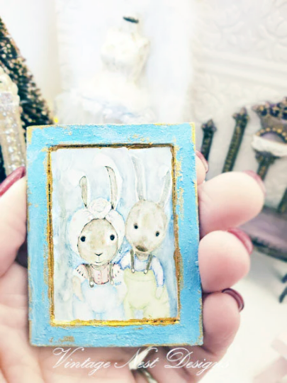 Sweet Rabbits No.1:1 Handmade Dollhouse Miniature Wooden Framed Art image 2