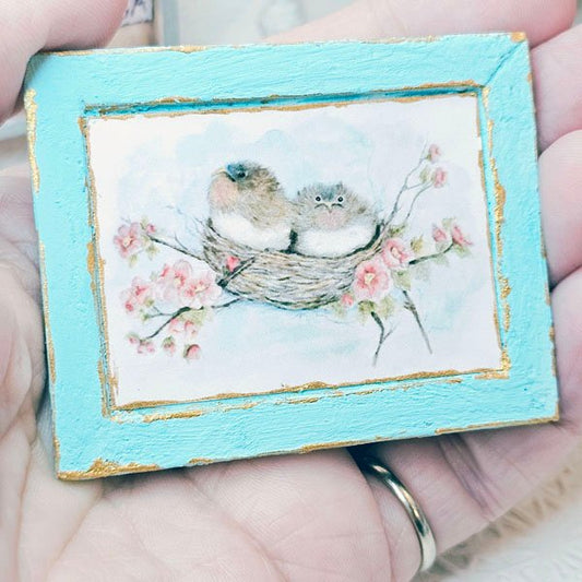 Bird Nest Roses No.5:2 Dollhouse Miniature Handmade Wooden Framed Art image 1