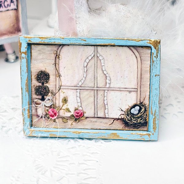 Bird Nest Topiary No.1:2 Dollhouse Miniature Handmade Wooden Framed Art image 0