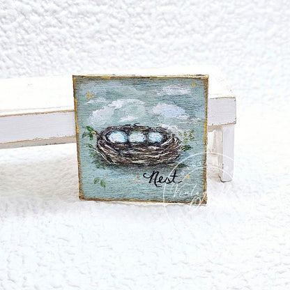 Bird Nest No.2:2 Dollhouse Miniature Original Painting Handmade Wooden Framed Art image 1