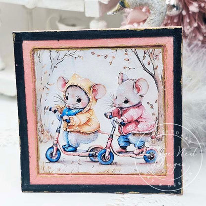 Nursery Mice No.1:3 Dollhouse Miniature Handmade Wooden Framed Art image 0