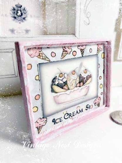 Banana Split Sundae No.1:2 Dollhouse Miniature Handmade Wooden Framed Art image 1