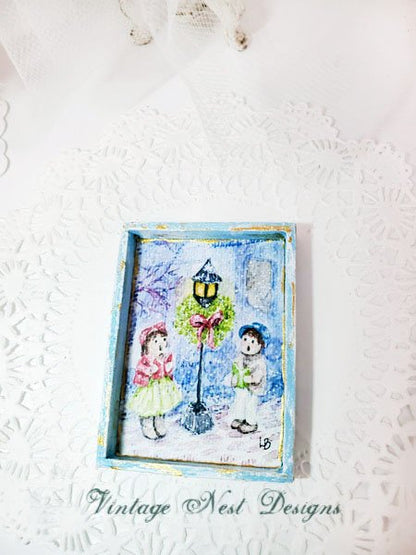 Children Carolers No.1:1 Dollhouse Miniature Handmade Wooden Framed Art image 2