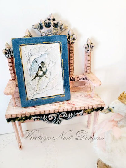 Winter Snow Birds No.1:2 Dollhouse Miniature Handmade Wooden Framed Art image 2