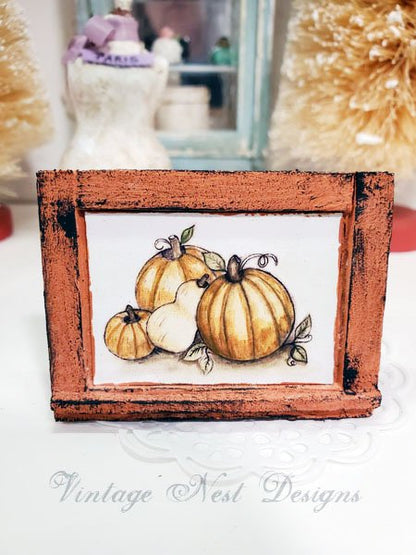 Pumpkins No.3:1 Dollhouse Miniature Handmade Wooden Framed Art image 0