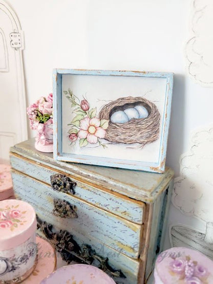 Bird Nest Roses No.2:1 Dollhouse Miniature Handmade Wooden Framed Art image 1