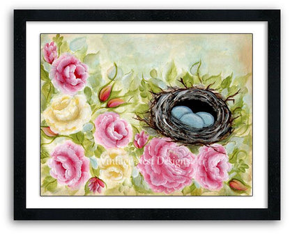 Bird Nest Roses No.3 Digital Prints Acrylic Painting image 1