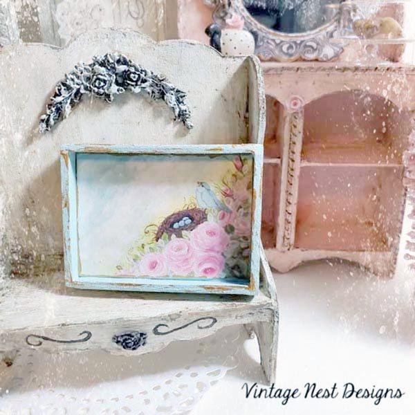 Bird Nest Roses No.1:1 Dollhouse Miniature Handmade Wooden Framed Art image 7
