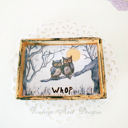 Owls, One Who No.1:1 Dollhouse Miniature Handmade Wooden Framed Art image 1