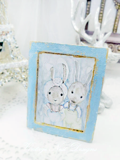 Sweet Rabbits No.1:1 Handmade Dollhouse Miniature Wooden Framed Art image 0