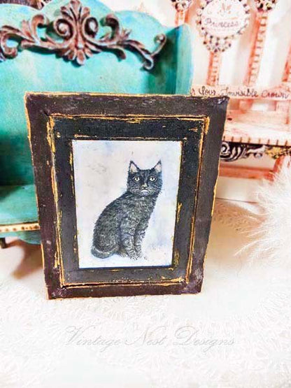 Black Cat No.1:2 Dollhouse Miniature Handmade Wooden Framed Art image 3