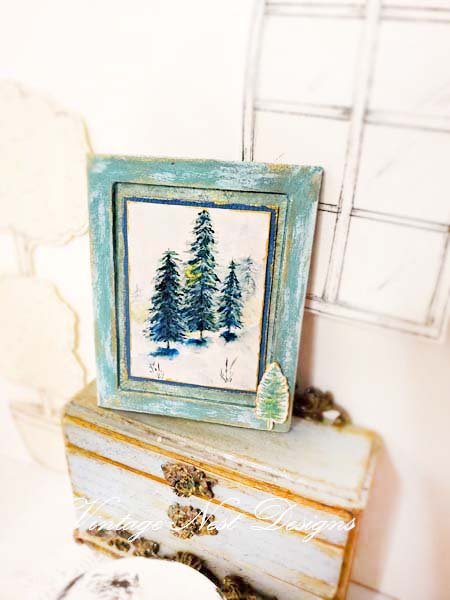 Winter Pines No.1:4 Dollhouse Miniature Handmade Wooden Framed Art image 2
