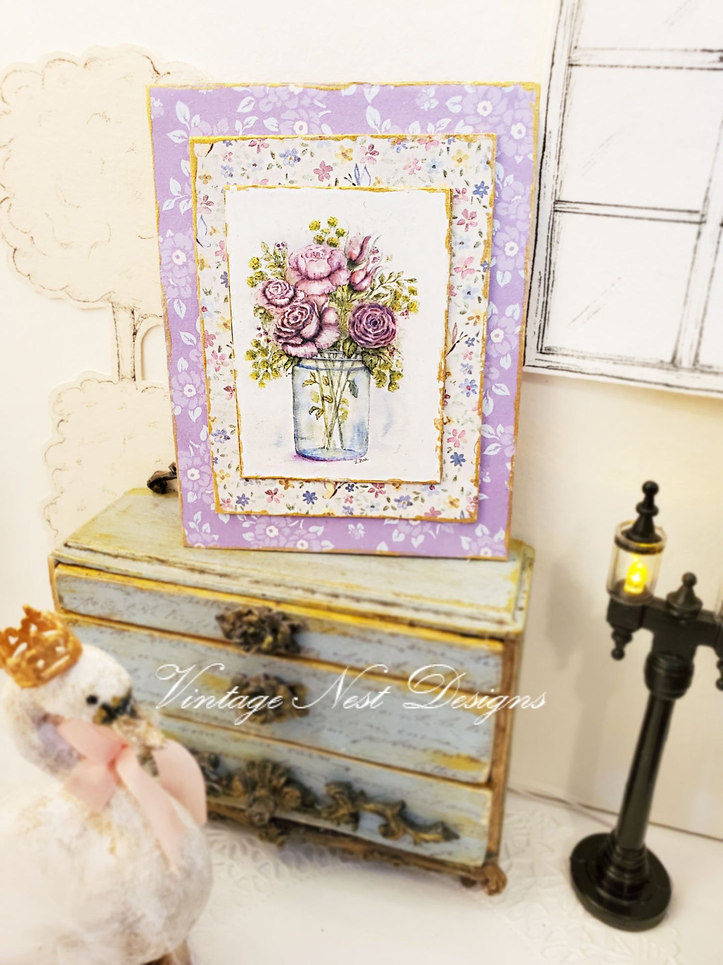 Florals No.14:1 Dollhouse Miniature Handmade Wooden Framed Art image 1