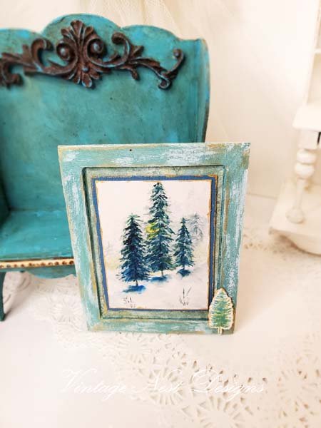 Winter Pines No.1:4 Dollhouse Miniature Handmade Wooden Framed Art image 1