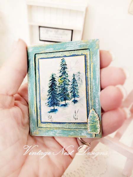 Winter Pines No.1:4 Dollhouse Miniature Handmade Wooden Framed Art image 3