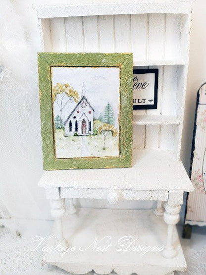Church No.2:1 Dollhouse Miniature Handmade Wooden Framed Art image 4