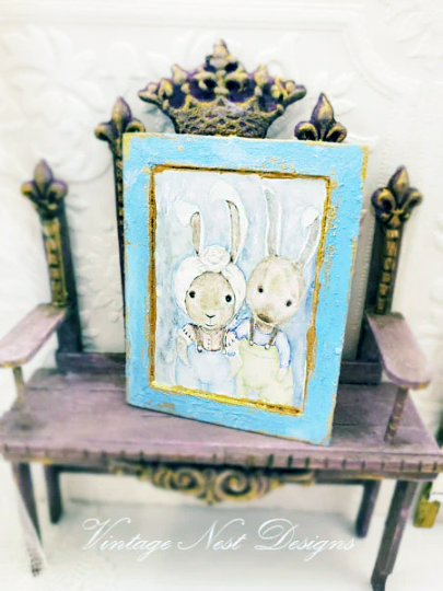 Sweet Rabbits No.1:1 Handmade Dollhouse Miniature Wooden Framed Art image 4