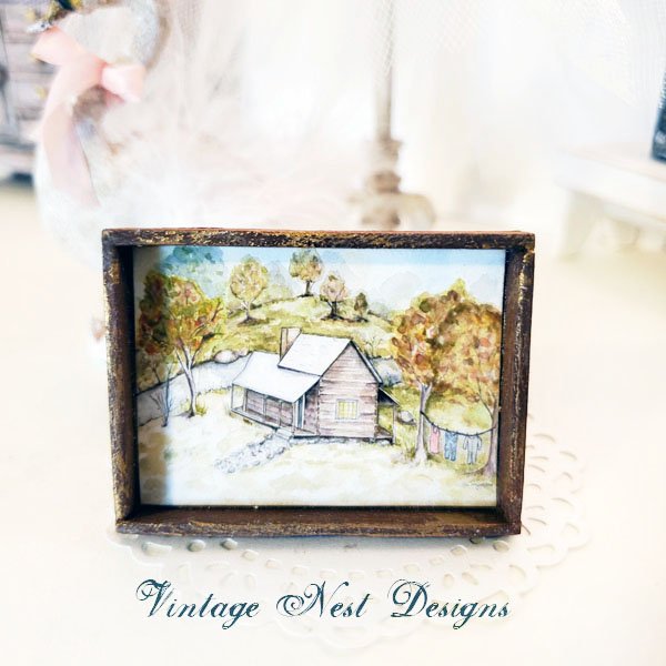 Cabin in the Woods No.1:2 Dollhouse Miniature Handmade Wooden Framed Art image 5
