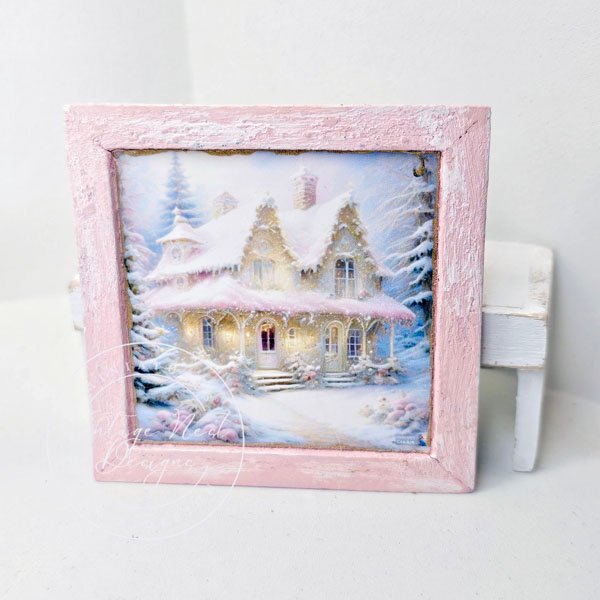 Christmas Cottage No.1:1 Dollhouse Miniature Handmade Wooden Framed Art image 0