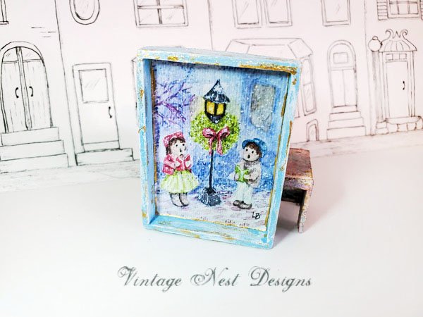 Children Carolers No.1:1 Dollhouse Miniature Handmade Wooden Framed Art image 0