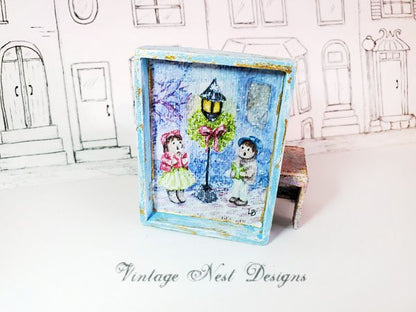 Children Carolers No.1:1 Dollhouse Miniature Handmade Wooden Framed Art image 0