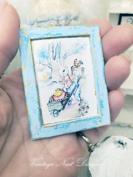 Bunny in Cart No.1:1 Dollhouse Miniature Handmade Wooden Framed Art image 4