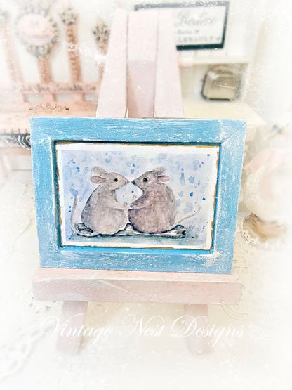 Mice No.9:2 Dollhouse Miniature Handmade Wooden Framed Art image 1