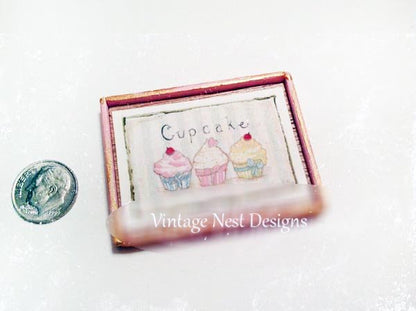 Three Cupcakes No.4:1 Dollhouse Miniature Handmade Wooden Framed Art image 0