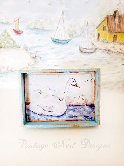 Swan No.2:1 Dollhouse Miniature Handmade Wooden Framed Art image 0