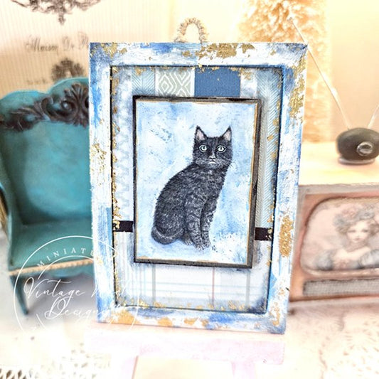 Black Cat No.6:3 Dollhouse Miniature Handmade Wooden Framed Art image 1