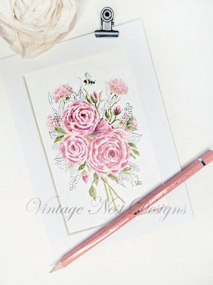 Roses & a Bee No.3 Original Watercolor Painting image 0