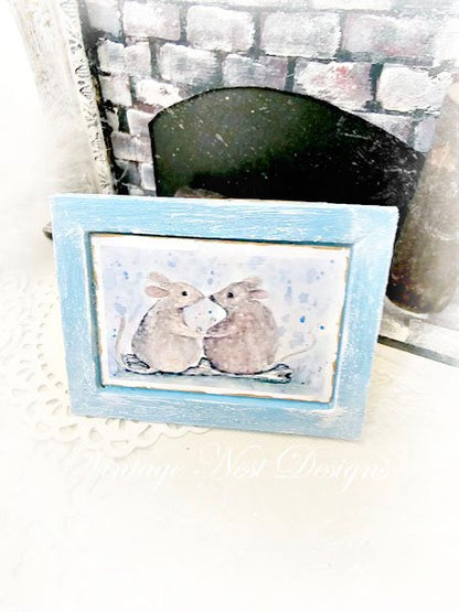 Mice No.9:2 Dollhouse Miniature Handmade Wooden Framed Art image 0
